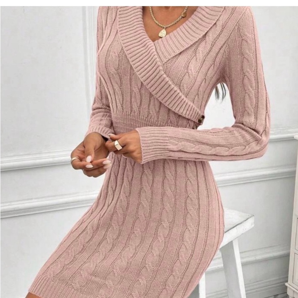 SHEIN Pink Long Sleeve Cable Knit Dress